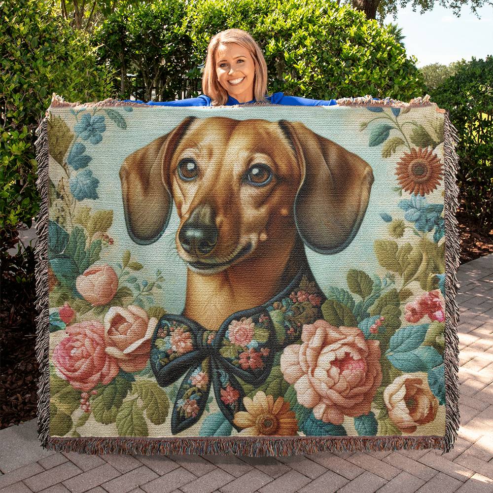 "Bow-Tied" Brown Smooth-Haired Dachshund Blue Floral Embroidery Inspired Woven Blanket