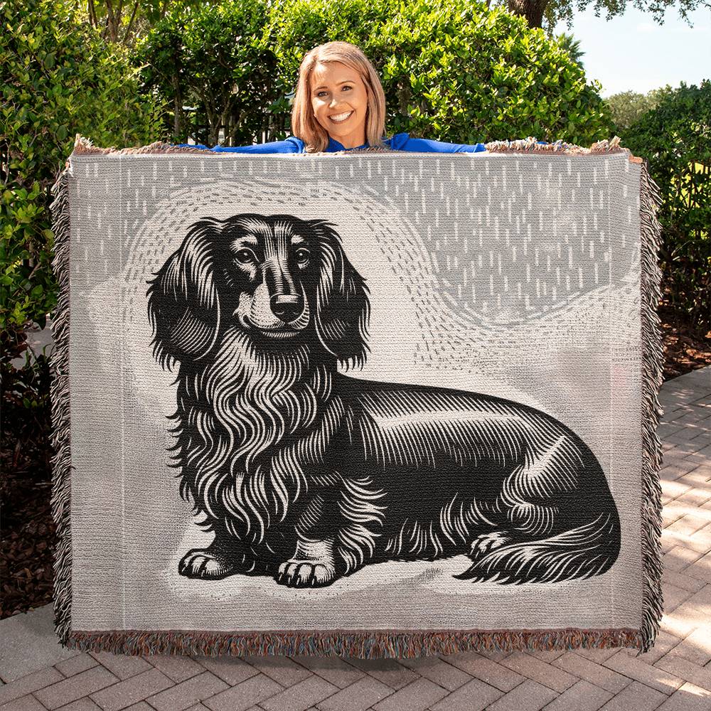 "Dashes" Long-Haired Dachshund White & Gray Linocut Woven Blanket