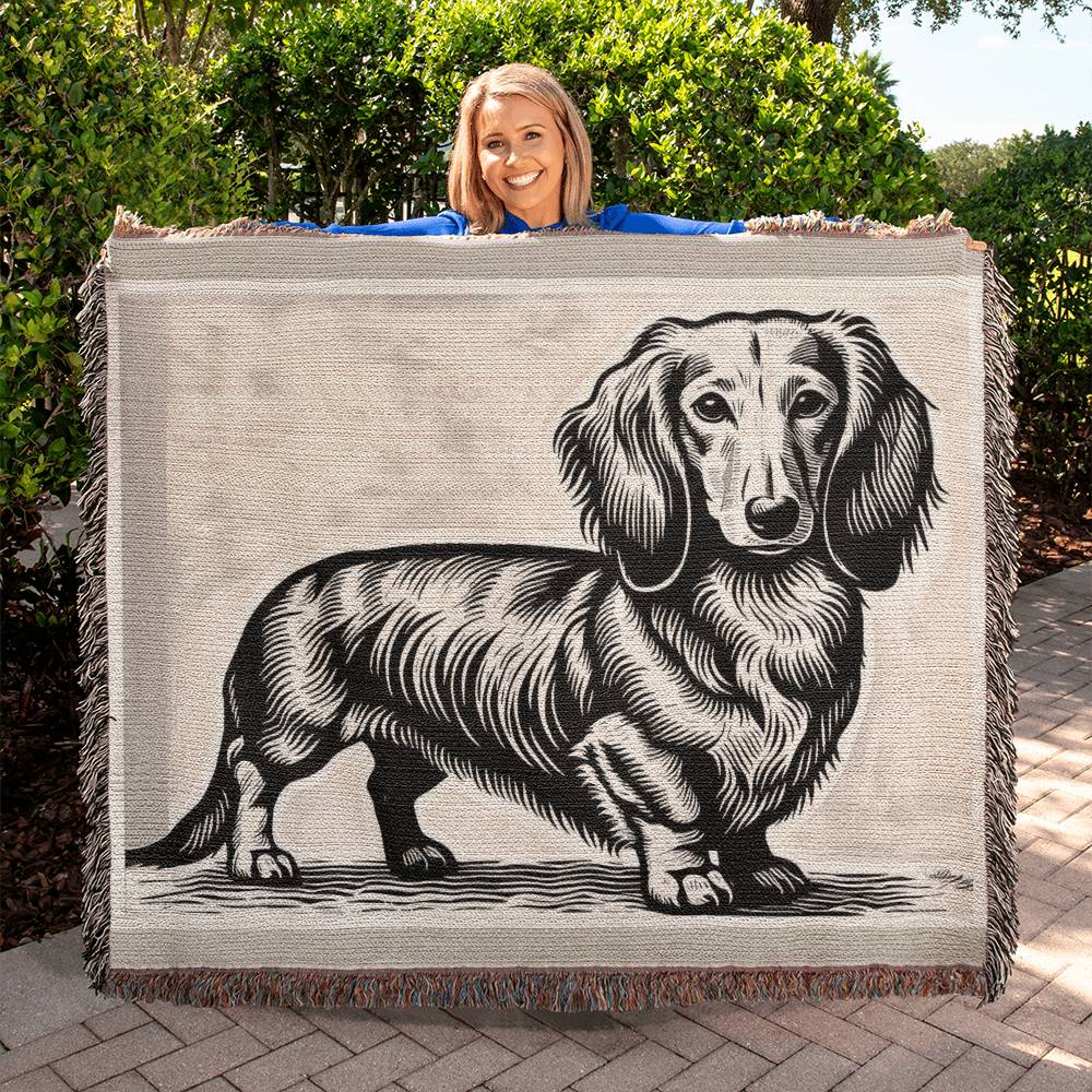 "Sandstone" Cream-Colored Long-Haired Dachshund Linocut Woven Blanket