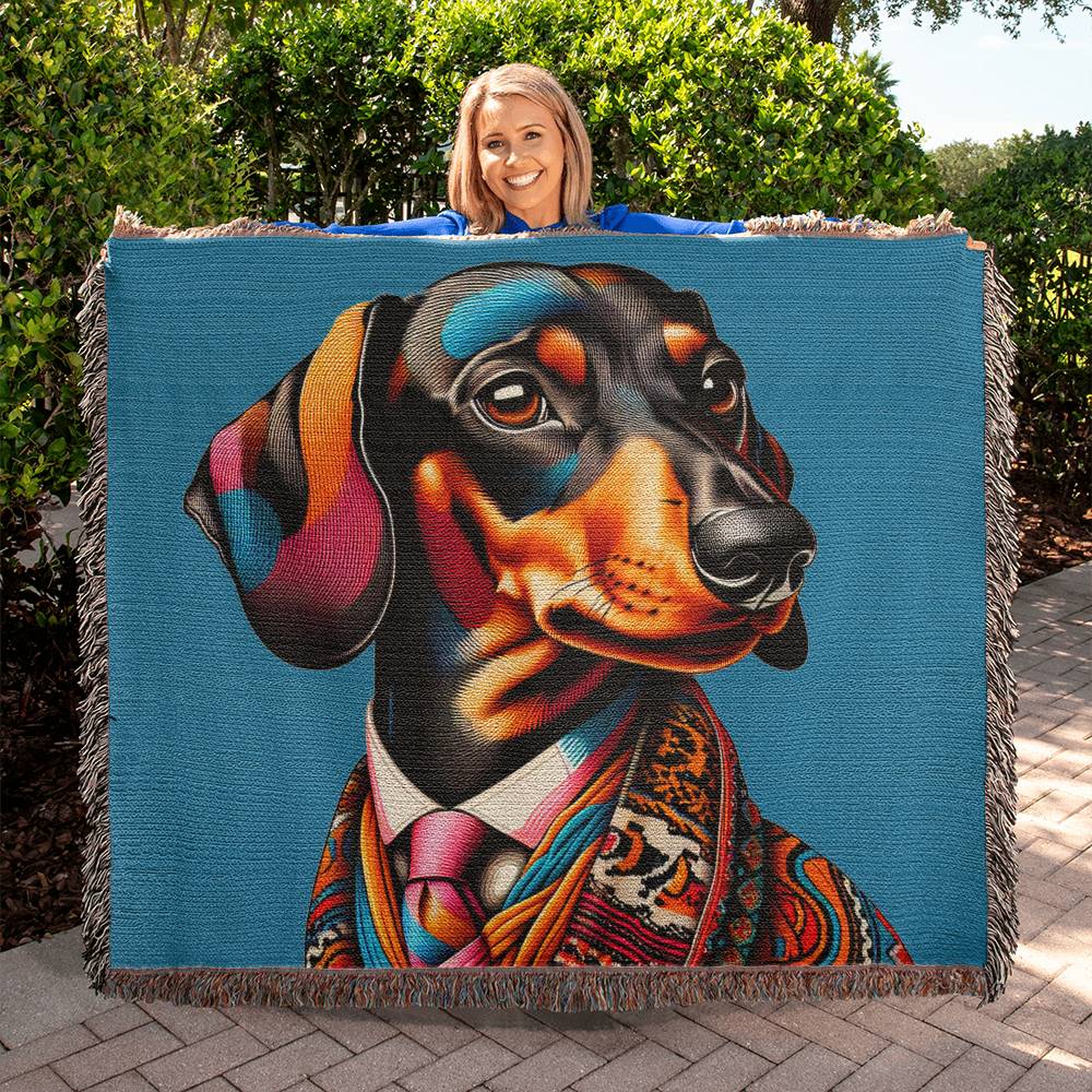"Dapper Doxie" Black & Tan Smooth-Haired Dachshund Artistic Inspired Woven Blanket