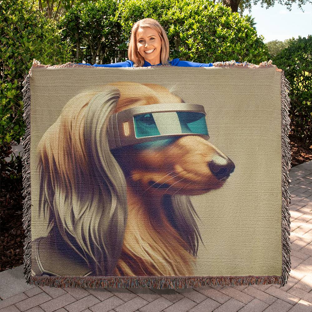 "Rovertron 3000" Brown Long-Haired Dachshund Sci-fi Inspired Woven Blanket