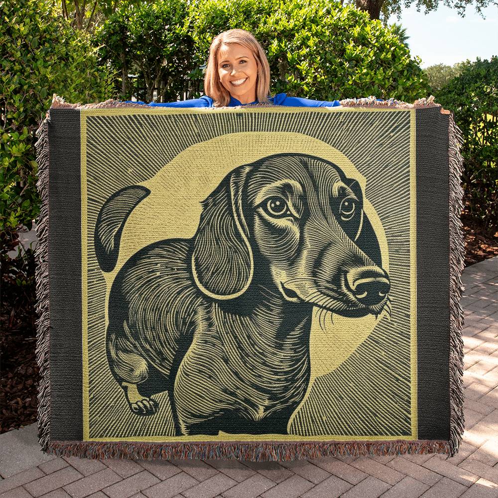 "From A Different Paw-Spective" Black & Tan Smooth-Haired Dachshund Linocut Woven Blanket