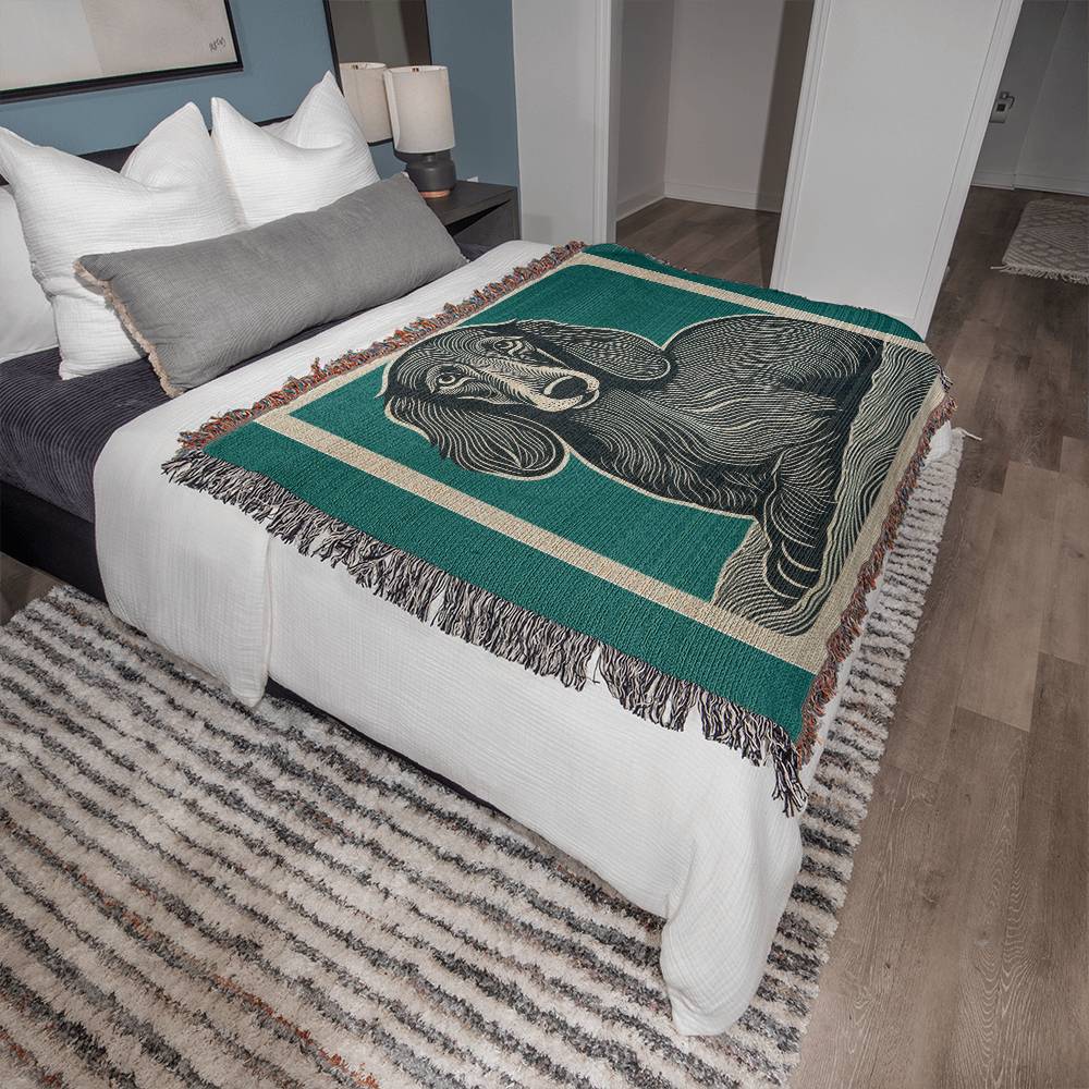 "Why the Long Blue Face?" Long Haired Dachshund Linocut Woven Blanket
