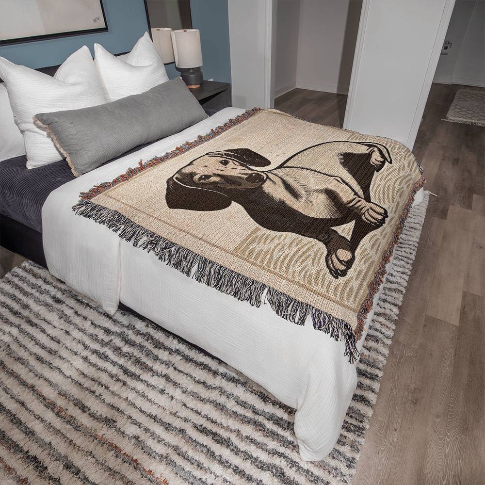 "Sandy" Tan Smooth-Haired Dachshund Linocut Woven Blanket