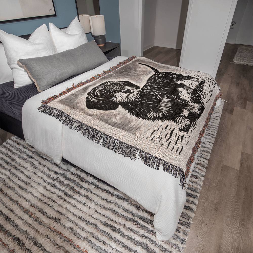 "Puppy Eyes" Wire-Haired Dachshund Black & Gray Linocut Woven Blanket