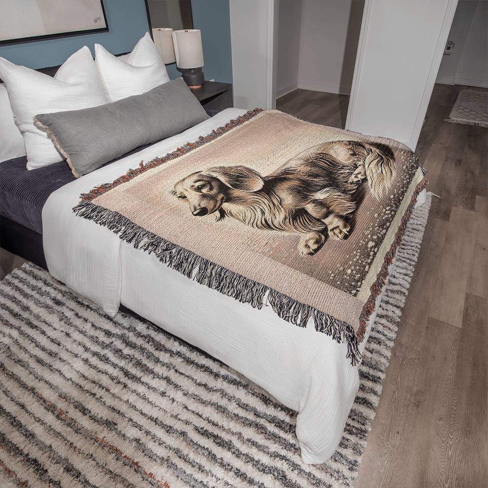 "Oatmeal" Cream-Colored Long-Haired Dachshund Linocut Woven Blanket