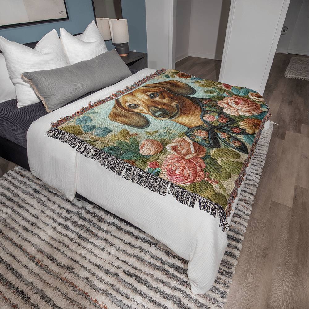 "Bow-Tied" Brown Smooth-Haired Dachshund Blue Floral Embroidery Inspired Woven Blanket