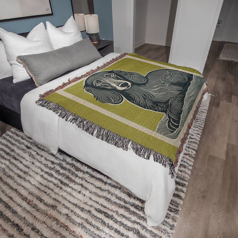 "Why The Long Green Face?" Long Haired Dachshund Linocut Woven Blanket