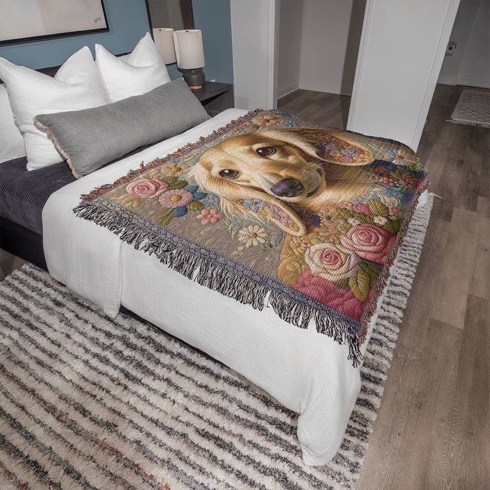 "Stitched Petals" Cream-Colored Long-Haired Dachshund Floral Embroidery Inspired Woven Blanket