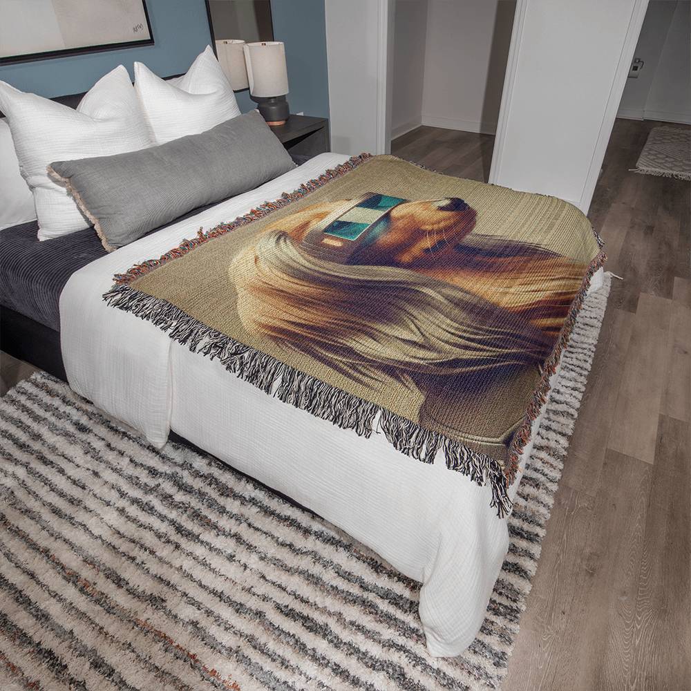 "Rovertron 3000" Brown Long-Haired Dachshund Sci-fi Inspired Woven Blanket