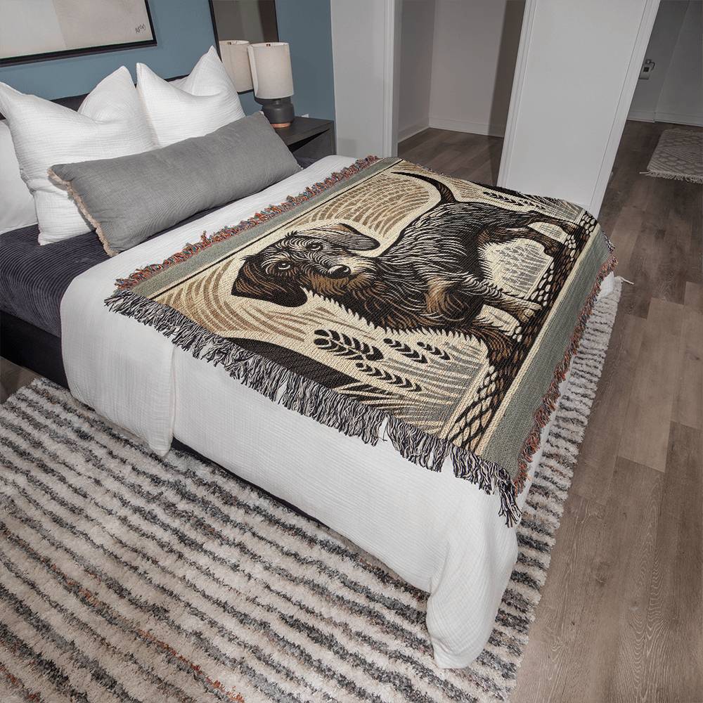 "Bold Wilderness" Wire-Haired Dachshund Brown Linocut Woven Blanket