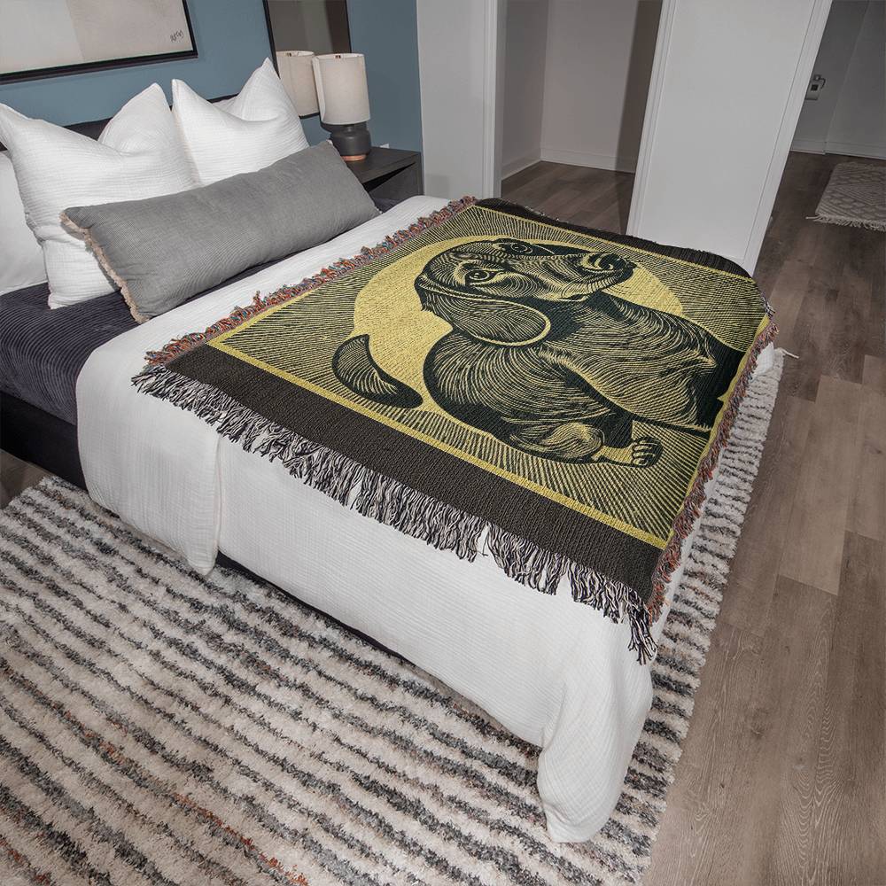 "From A Different Paw-Spective" Black & Tan Smooth-Haired Dachshund Linocut Woven Blanket