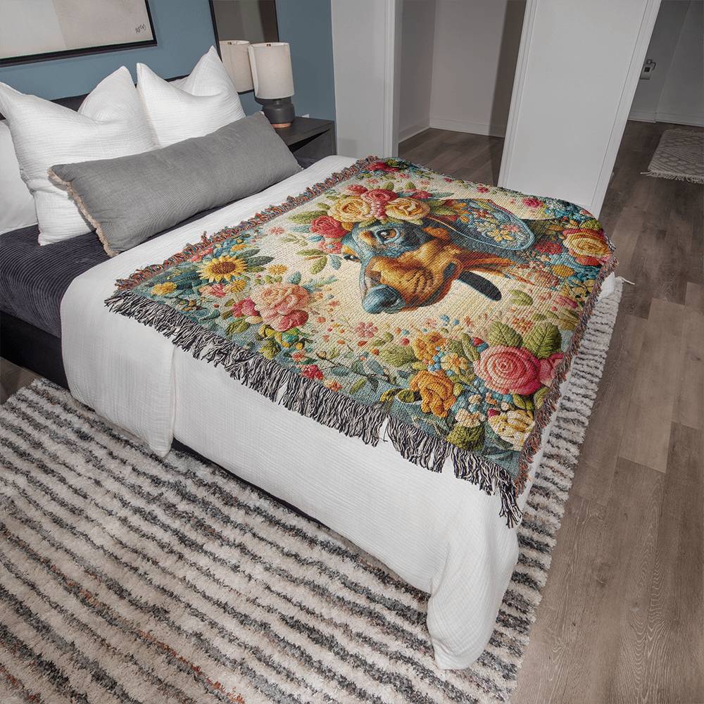 "Regal" Black & Tan Smooth-Haired Dachshund Floral Embroidery Inspired Woven Blanket