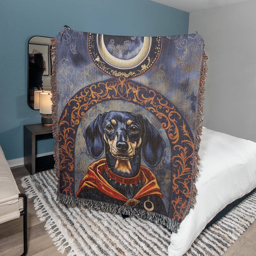 "The Count" Black & Tan Smooth-Haired Dachshund Halloween Inspired Woven Blanket