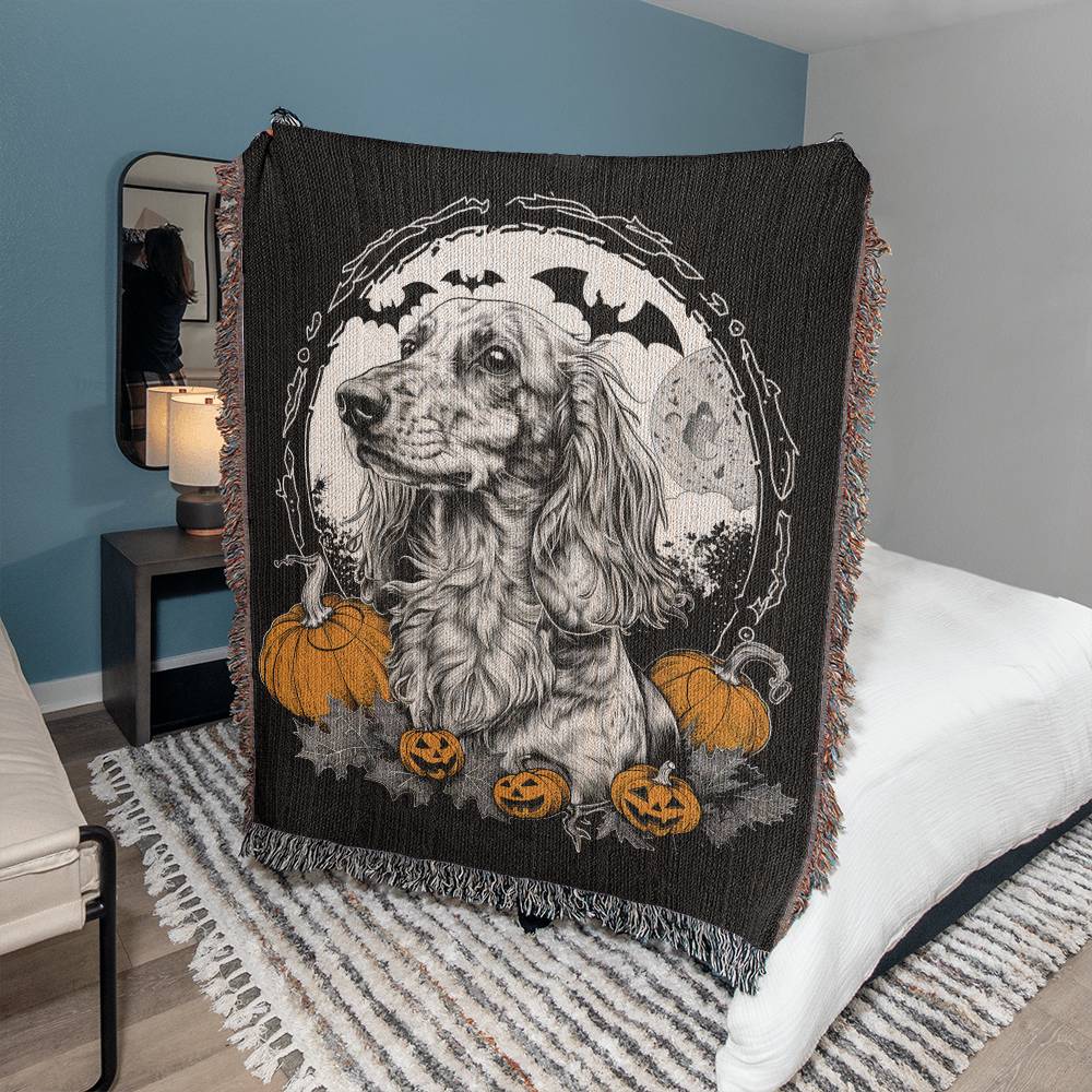 "Pumpkin Paws" Long-Haired Dachshund Halloween Inspired Woven Blanket