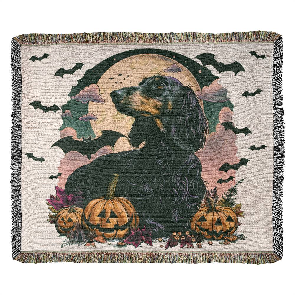 "Boo-tiful" Black & Tan Long-Haired Dachshund Halloween Inspired Woven Blanket