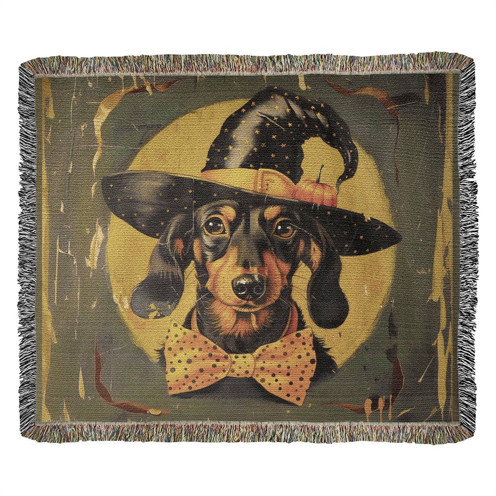 "Hallow-Weenie" Black & Tan Smooth-Haired Dachshund Halloween Inspired Woven Blanket