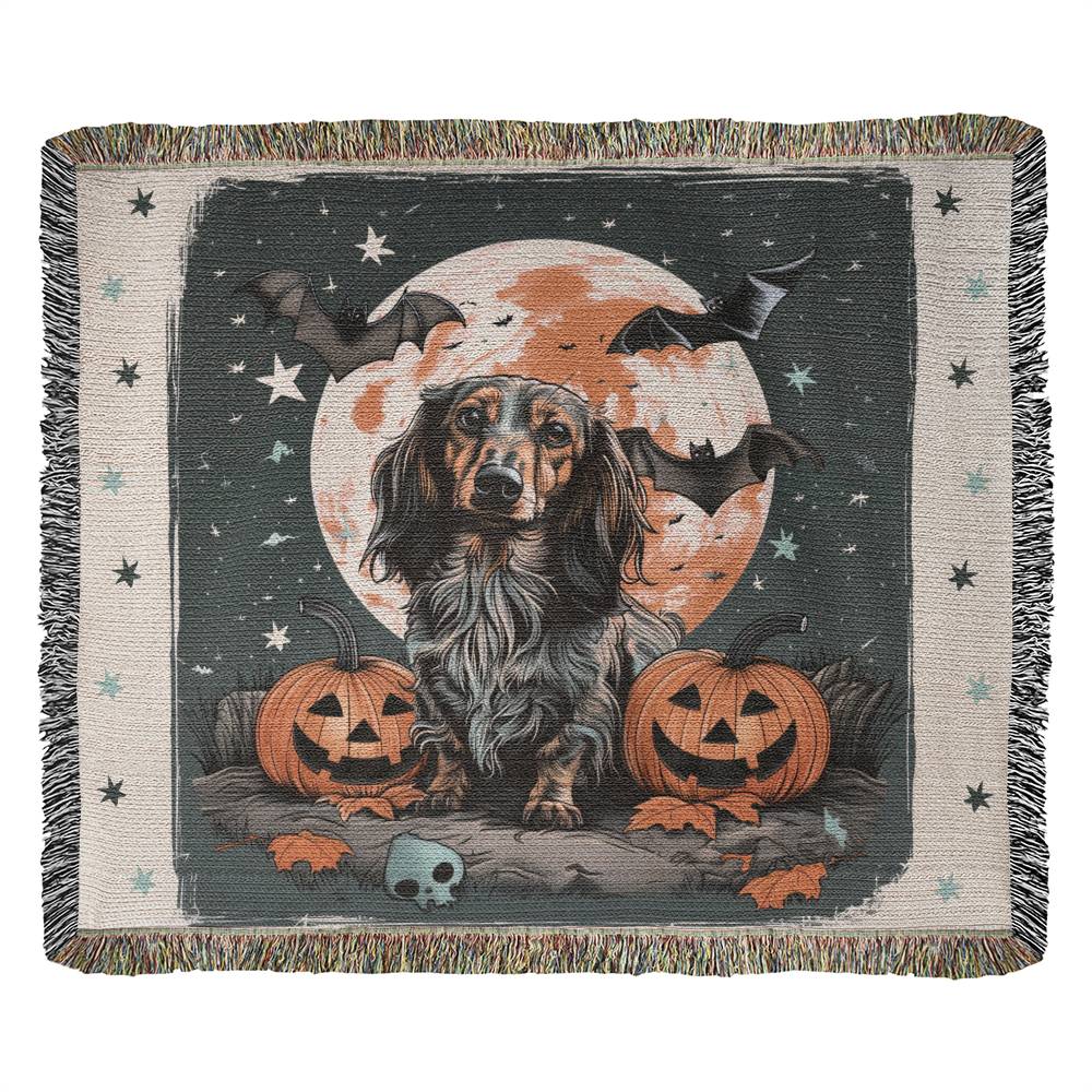 "Starry Night" Long-Haired Dachshund Halloween Inspired Woven Blanket