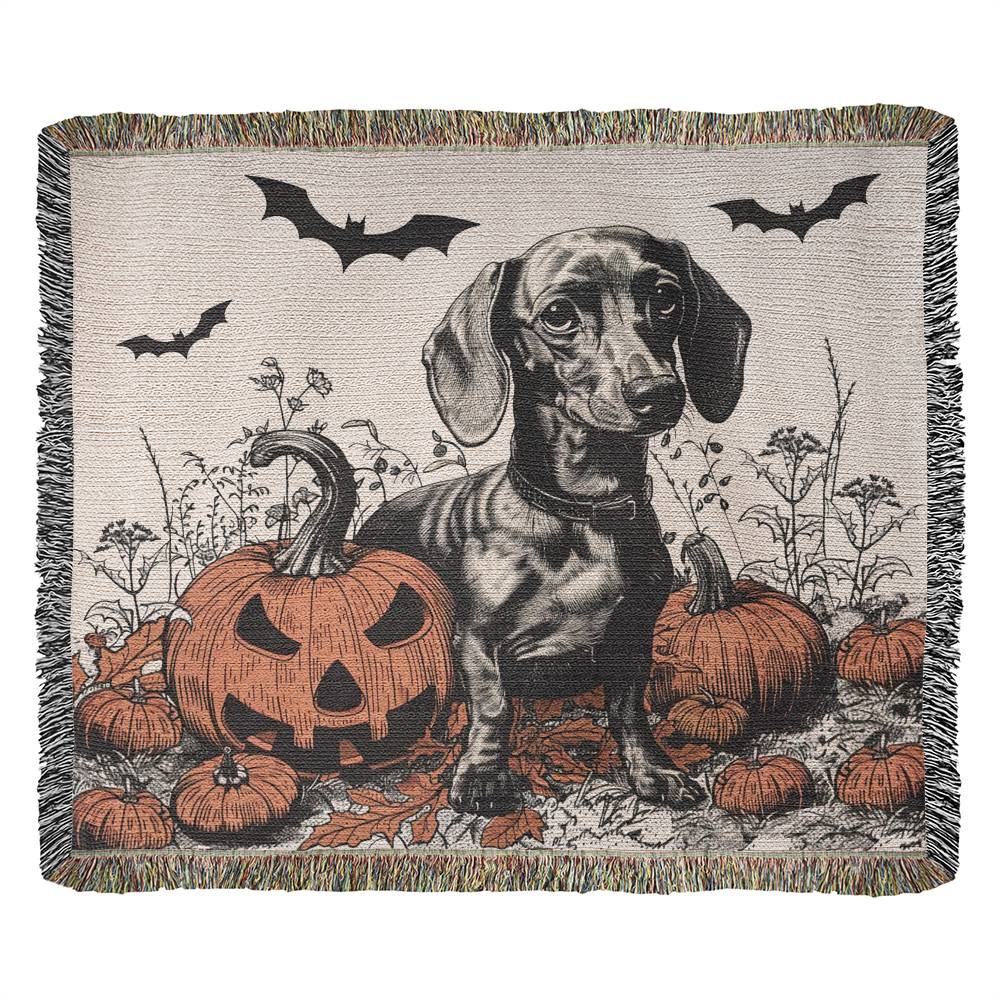 "Pumpkin Patch" Tan Smooth-Haired Dachshund Halloween Inspired Woven Blanket