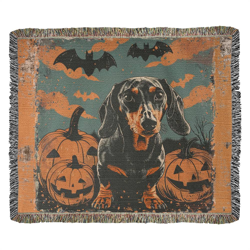 "Spooky Sausage" Black & Tan Smooth-Haired Dachshund Halloween Inspired Woven Blanket