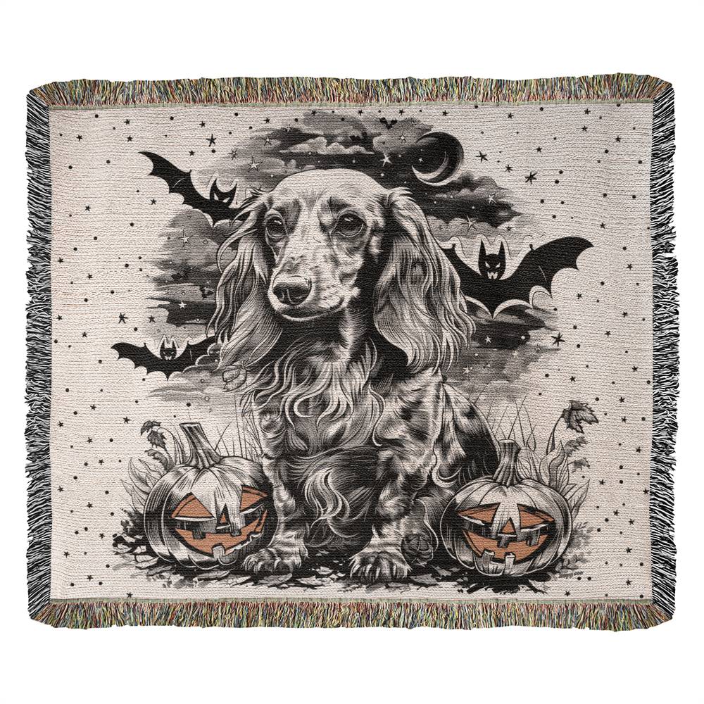 "Gone Batty!" Cream-Colored Long-Haired Dachshund Halloween Inspired Woven Blanket