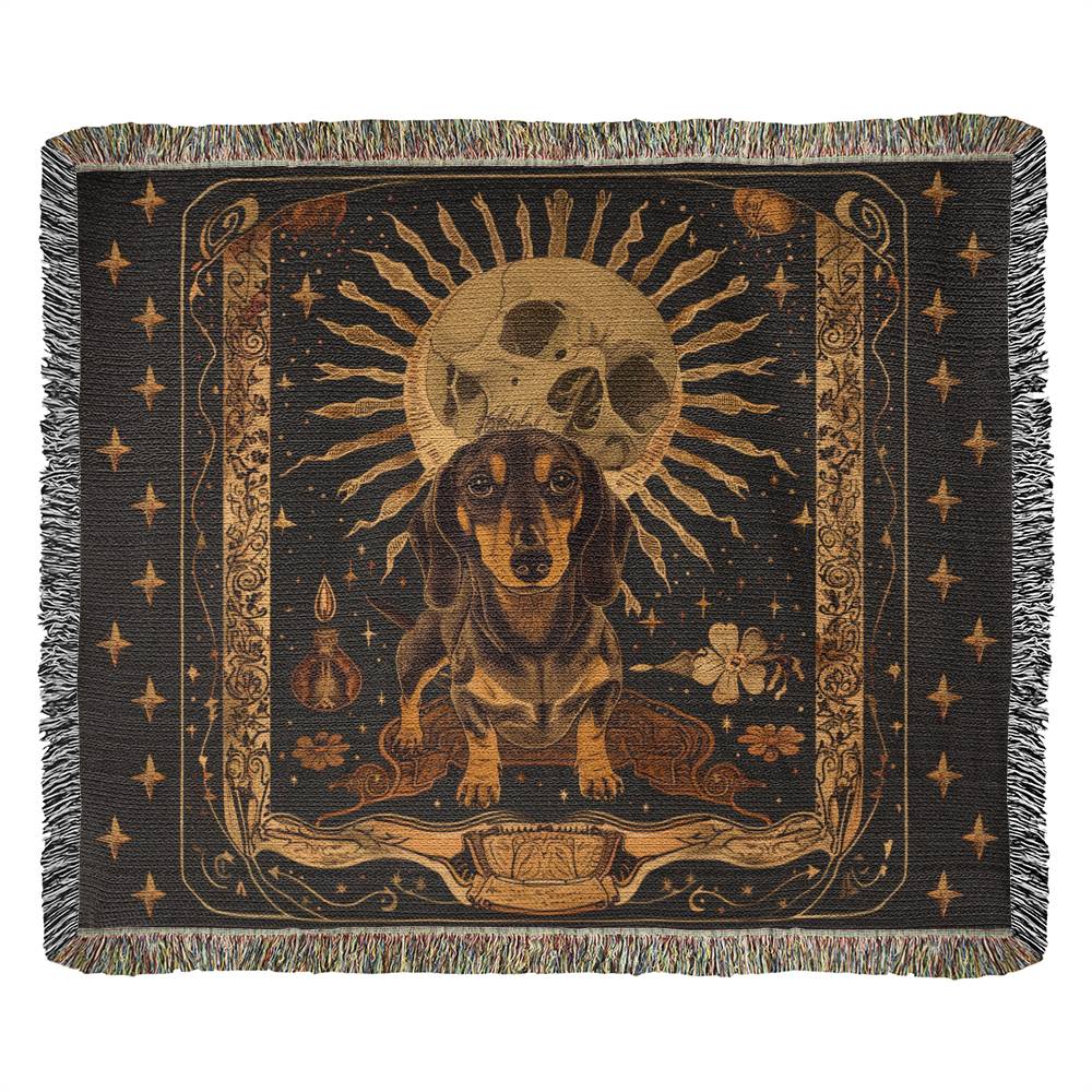"Spooky" Black & Tan Smooth-Haired Dachshund Tarot/Halloween Inspired Woven Blanket