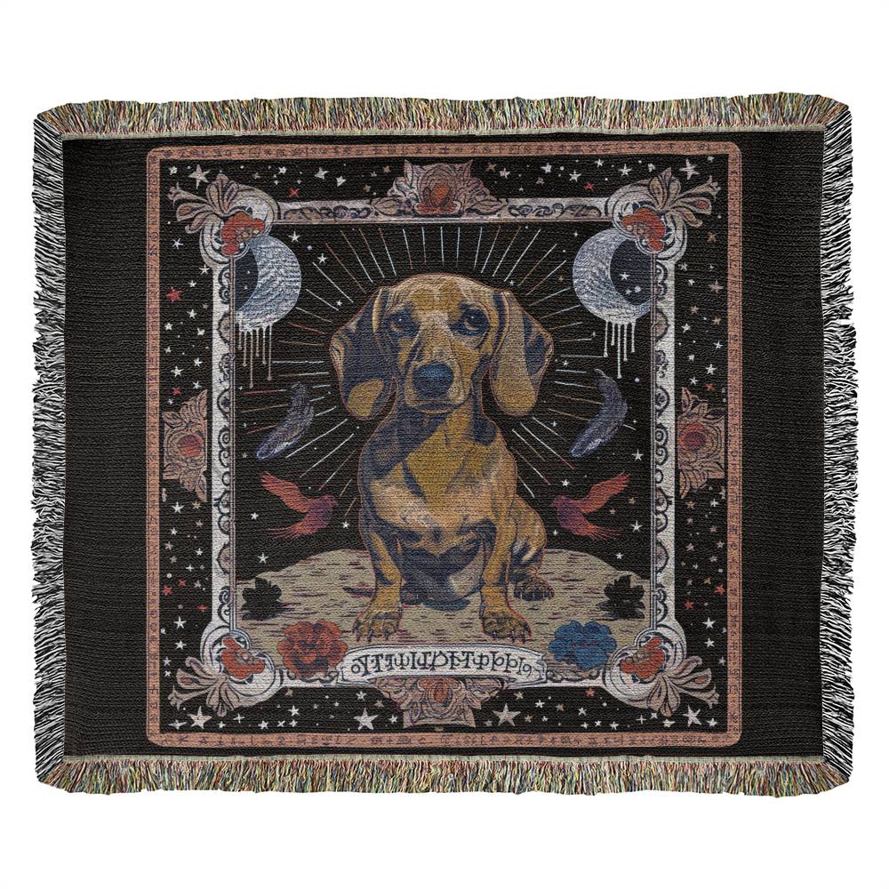 "Not Guilty" Tan Smooth-Haired Dachshund Tarot/Halloween Inspired Woven Blanket