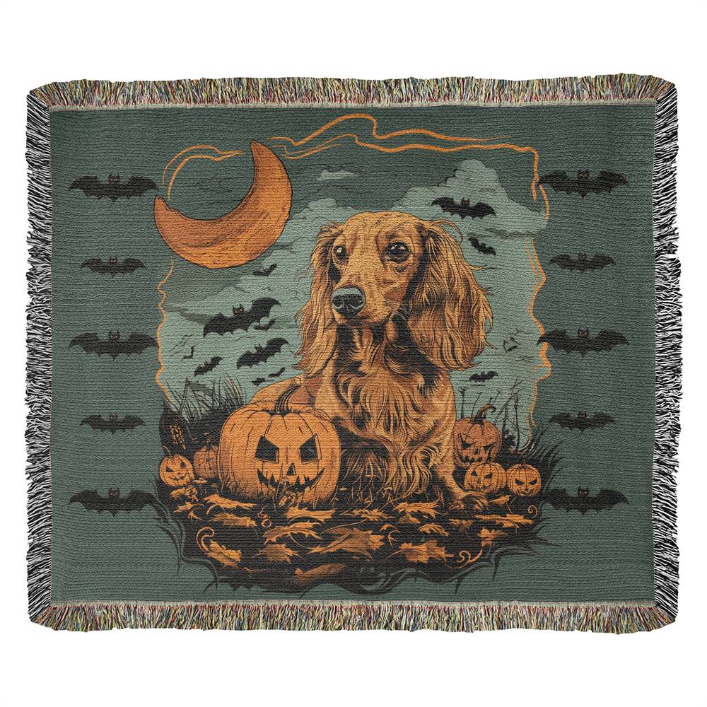 "Eeek!" Long-Haired Dachshund Halloween Inspired Woven Blanket