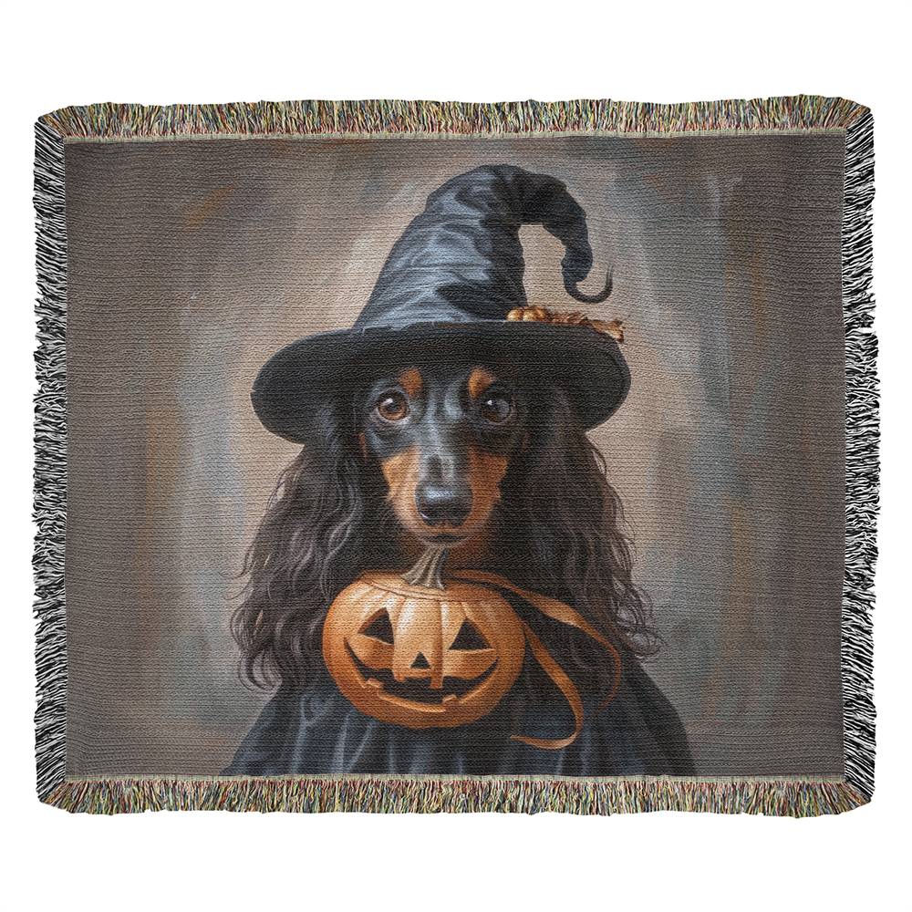 "Bewitched" Black & Tan Long-Haired Dachshund Halloween Inspired Woven Blanket