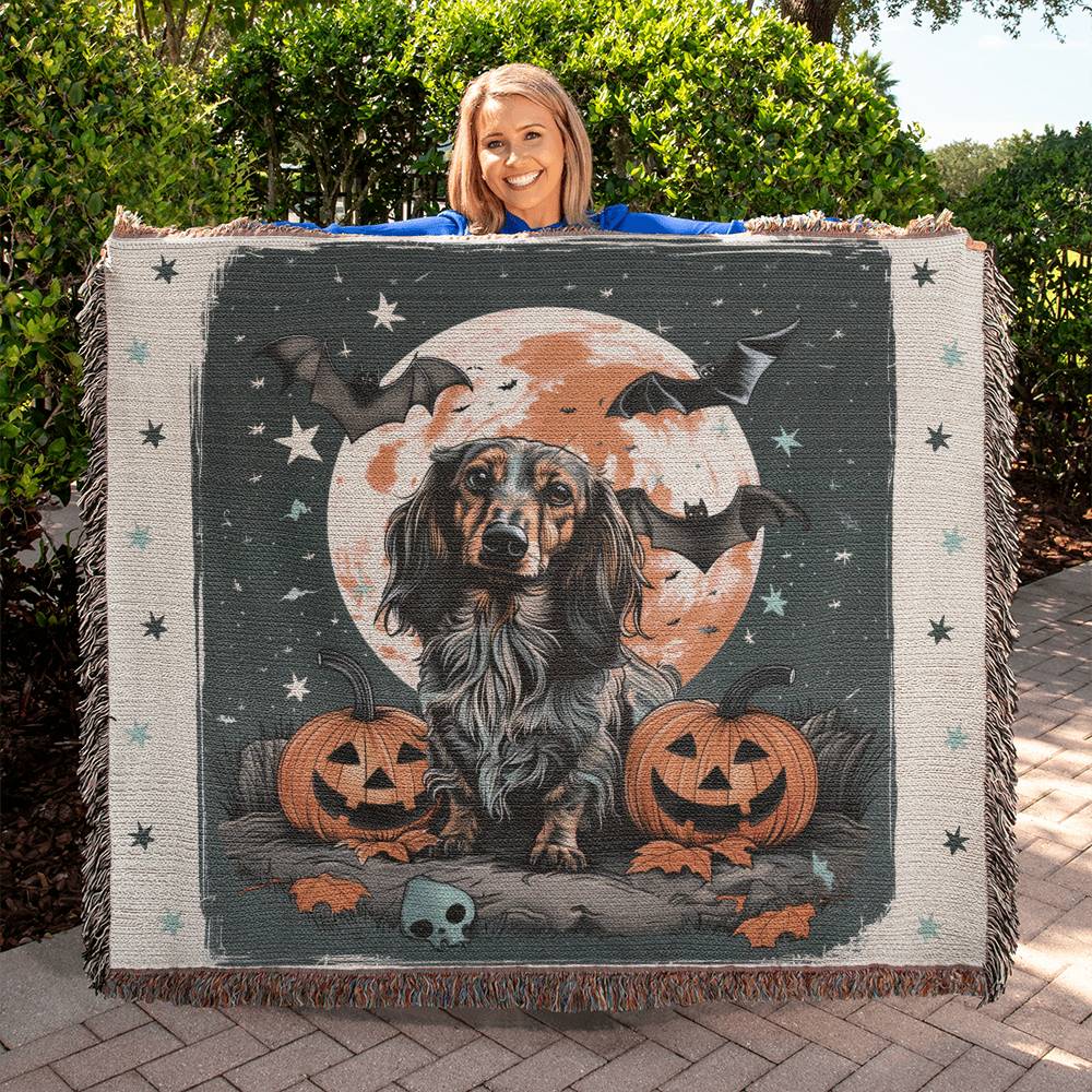 "Starry Night" Long-Haired Dachshund Halloween Inspired Woven Blanket