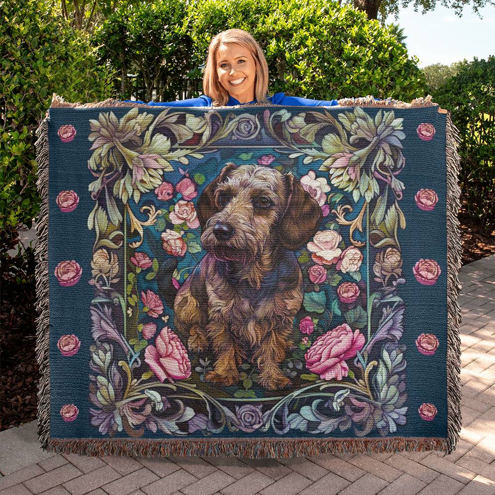 "Coming Up Roses" Wire Haired Dachshund Floral Embroidery Inspired Woven Blanket