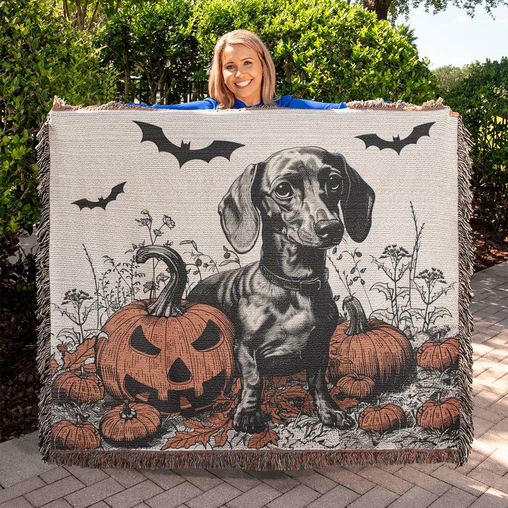 "Pumpkin Patch" Tan Smooth-Haired Dachshund Halloween Inspired Woven Blanket