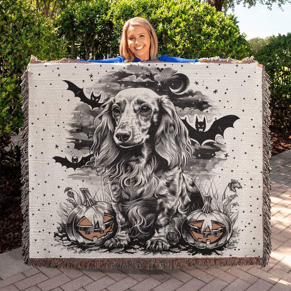 "Gone Batty!" Cream-Colored Long-Haired Dachshund Halloween Inspired Woven Blanket