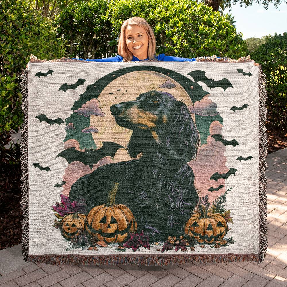 "Boo-tiful" Black & Tan Long-Haired Dachshund Halloween Inspired Woven Blanket