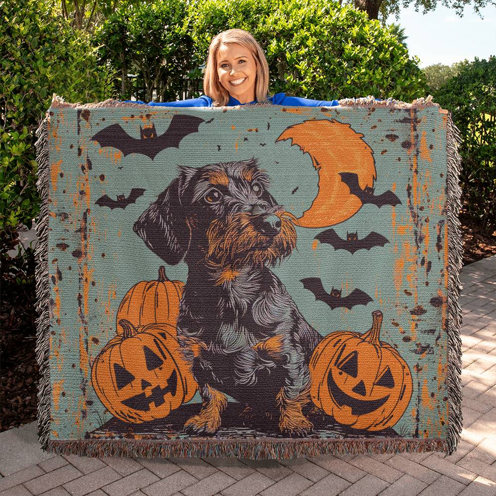 "Haunted Hound" Wire-Haired Dachshund Halloween Inspired Woven Blanket