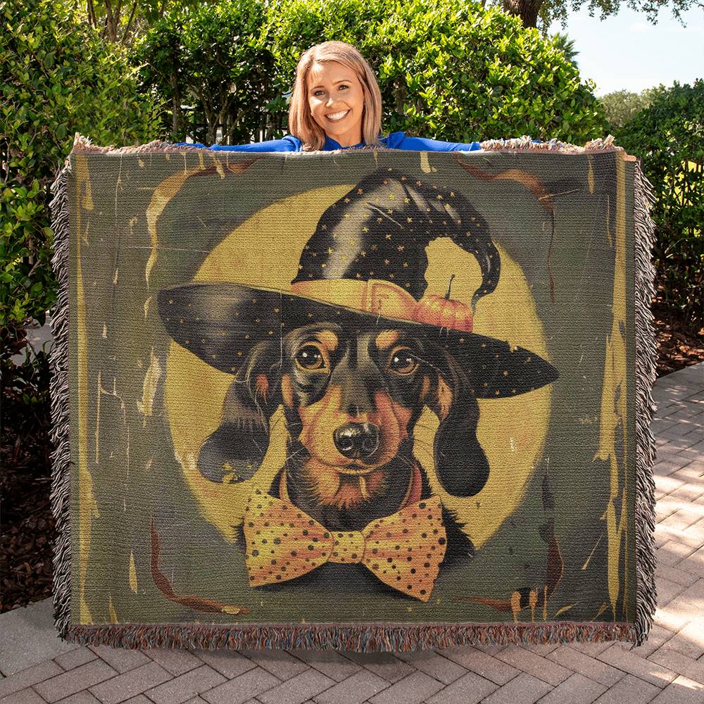 "Hallow-Weenie" Black & Tan Smooth-Haired Dachshund Halloween Inspired Woven Blanket