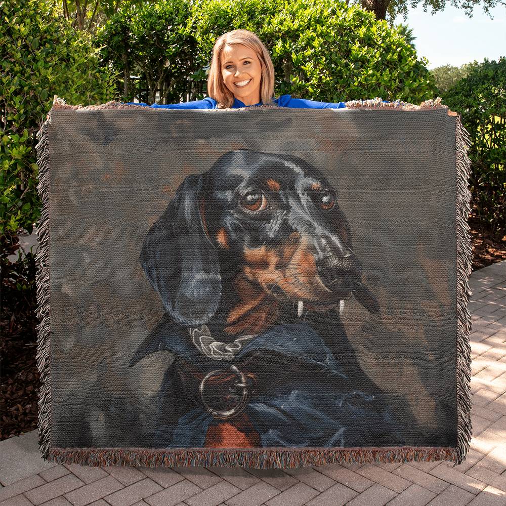 "Who, Me?" Black & Tan Smooth-Haired Dachshund Halloween Inspired Woven Blanket