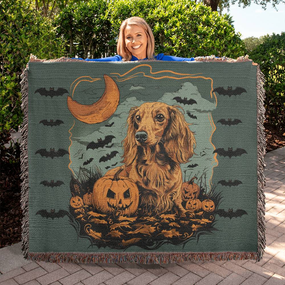 "Eeek!" Long-Haired Dachshund Halloween Inspired Woven Blanket
