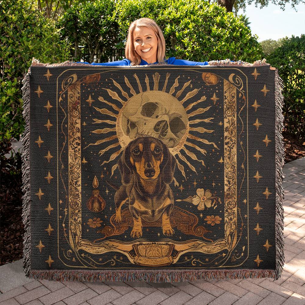 "Spooky" Black & Tan Smooth-Haired Dachshund Tarot/Halloween Inspired Woven Blanket
