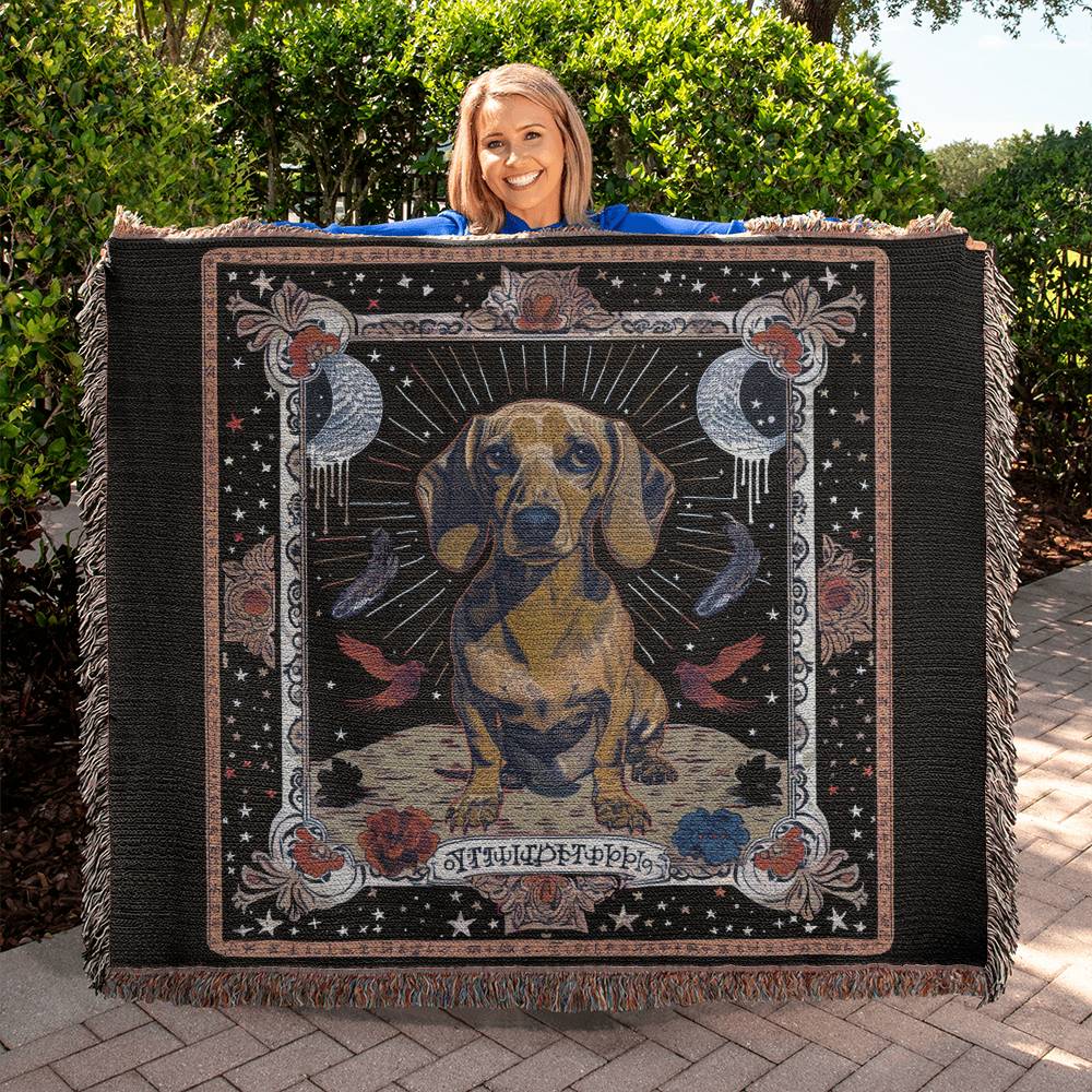 "Not Guilty" Tan Smooth-Haired Dachshund Tarot/Halloween Inspired Woven Blanket