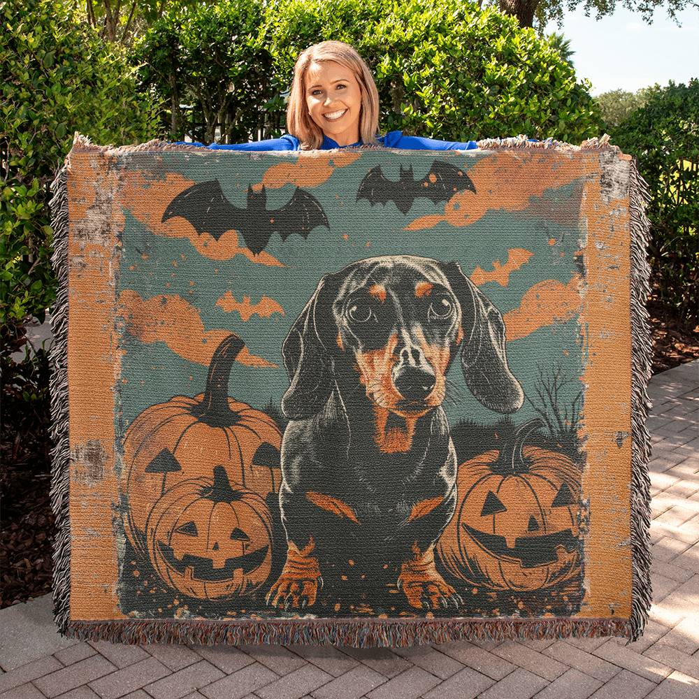 "Spooky Sausage" Black & Tan Smooth-Haired Dachshund Halloween Inspired Woven Blanket