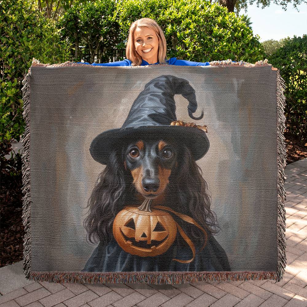 "Bewitched" Black & Tan Long-Haired Dachshund Halloween Inspired Woven Blanket