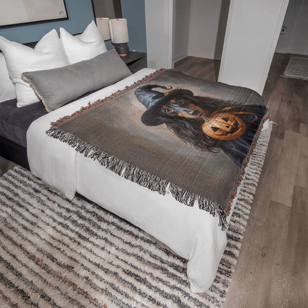 "Bewitched" Black & Tan Long-Haired Dachshund Halloween Inspired Woven Blanket