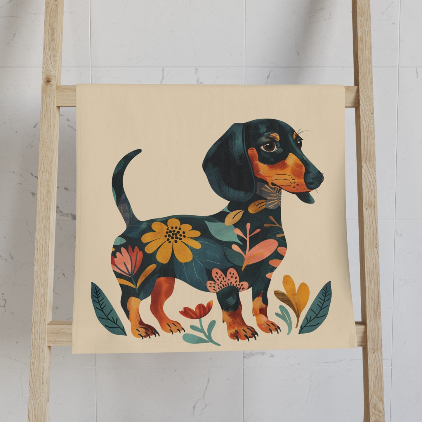 "Fresh" Black & Tan Smooth-Haired Dachshund Tan Floral Towel Set