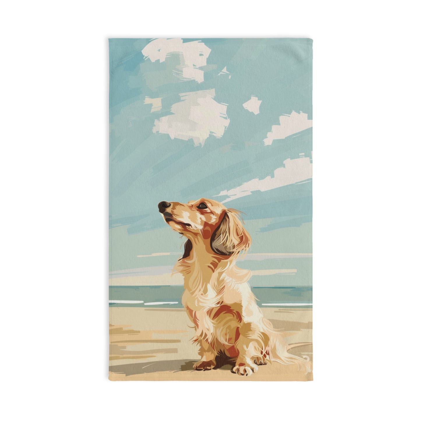 "Ocean Breeze" Cream-Colored Long-Haired Dachshund Blue Hand Towel Set