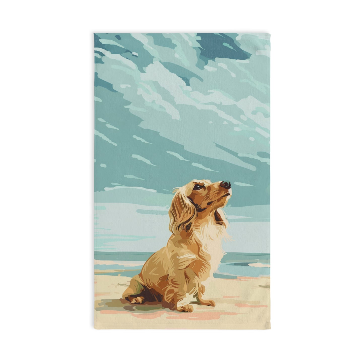 "Ocean Breeze" Cream-Colored Long-Haired Dachshund Blue Hand Towel Set