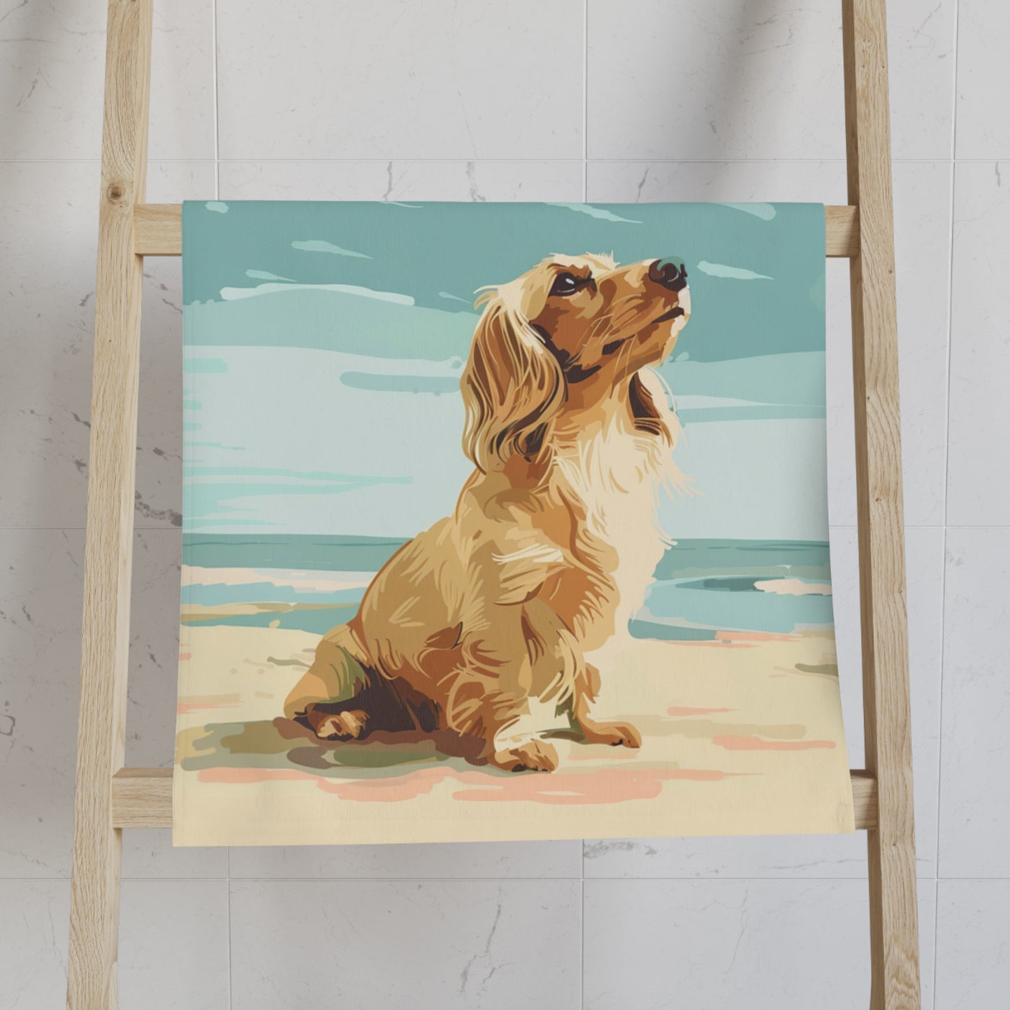 "Ocean Breeze" Cream-Colored Long-Haired Dachshund Blue Hand Towel Set
