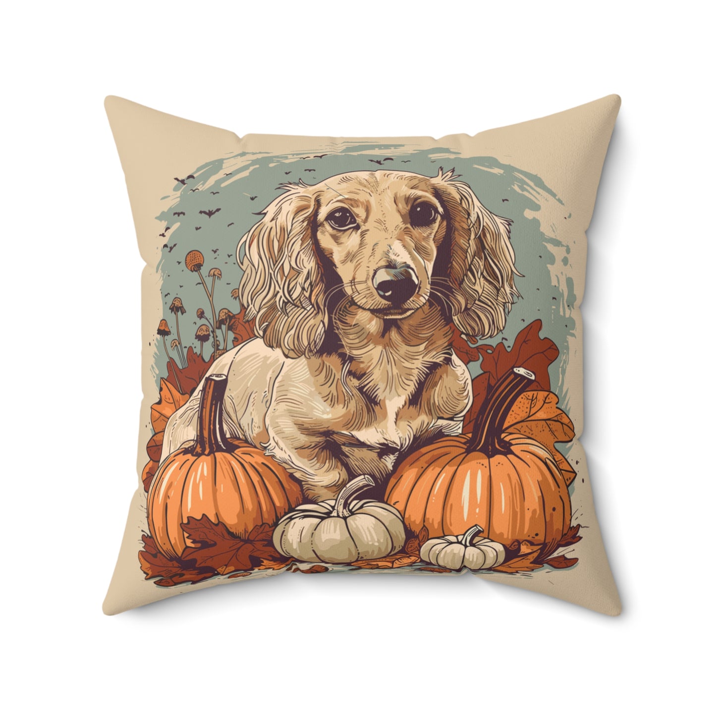 #11 Autumn Inspired Cream-Colored Long-Haired Dachshund Throw Pillow