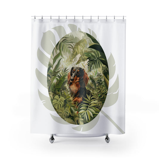 "Jungle" Black & Tan Long-Haired Dachshund Green/White Shower Curtain