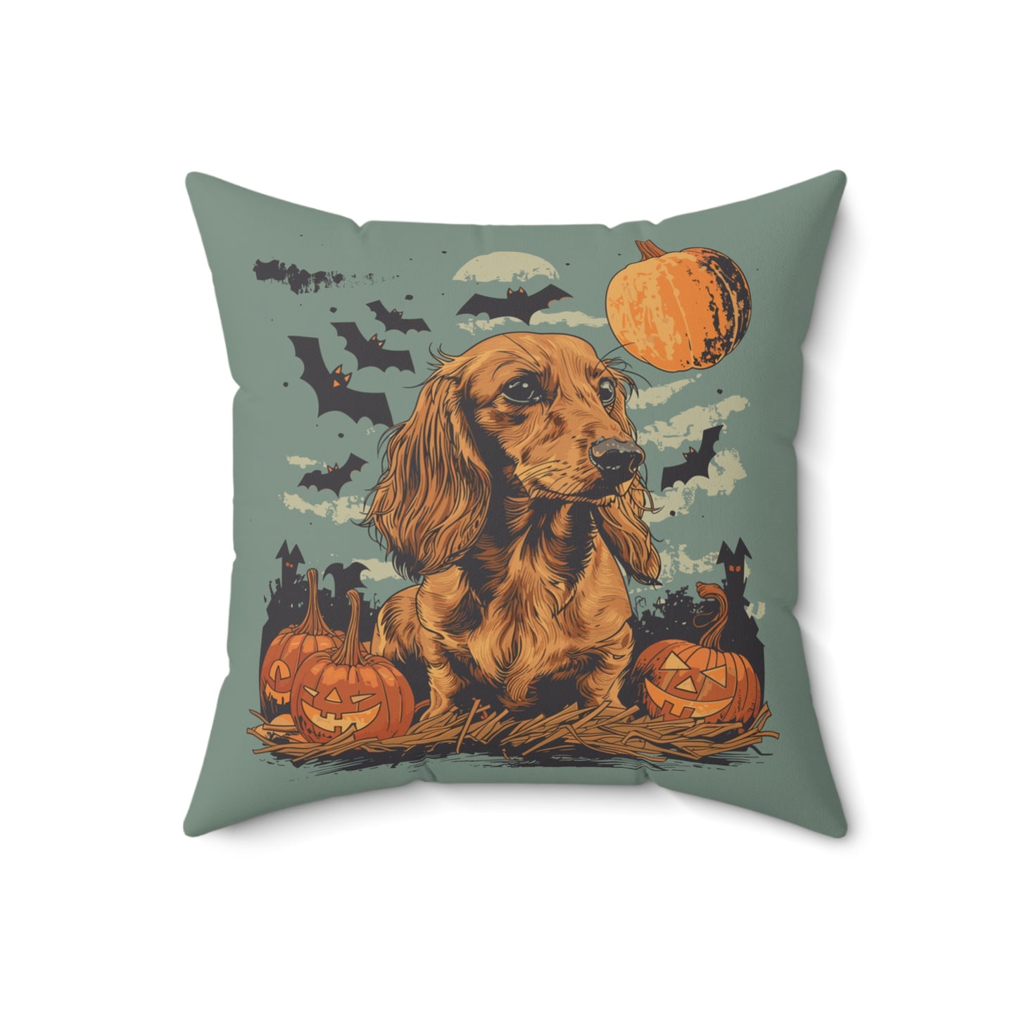 #22 Halloween Inspired Tan Long-Haired Dachshund Throw Pillow